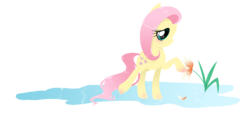 Size: 1996x900 | Tagged: safe, artist:steffy-beff, fluttershy, pegasus, pony, g4, female, flower, folded wings, looking at something, mare, profile, raised hoof, reaching, simple background, solo, transparent background, water, wings