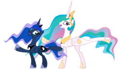 Size: 2500x1428 | Tagged: dead source, safe, artist:stealthedge, princess celestia, princess luna, alicorn, pony, g4, awesome face, cute, dancing, duo, extended trot pose, female, looking at you, mare, open mouth, raised hoof, raised leg, royal sisters, siblings, simple background, sisters, smiling, transparent background, vector