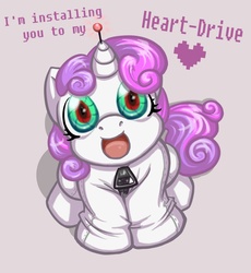 Size: 1008x1095 | Tagged: safe, artist:melle-d, sweetie belle, pony, robot, robot pony, unicorn, friendship is witchcraft, g4, cute, diasweetes, female, filly, foal, hooves, horn, looking at you, open mouth, simple background, sitting, solo, sweetie bot, text