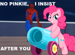 Size: 600x441 | Tagged: safe, pinkie pie, g4, 60s spider-man, cannon penis, male, meme, party cannon, spider-man