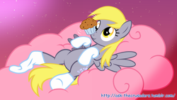 Size: 1280x720 | Tagged: safe, artist:jan, derpy hooves, pegasus, pony, g4, clothes, cloud, cute, derpabetes, female, mare, muffin, show accurate, socks, solo, thigh highs