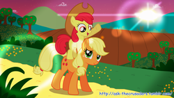 Size: 1280x720 | Tagged: dead source, safe, artist:jan, apple bloom, applejack, earth pony, pony, g4, accessory swap, adorabloom, apple bloom riding applejack, applejack's hat, cowboy hat, cute, cutie mark, farm, female, filly, foal, hat, jackabetes, lens flare, looking at each other, looking at someone, looking down, looking up, mare, open mouth, open smile, orchard, ponies riding ponies, riding, siblings, sisters, smiling, sun, tree