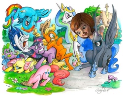 Size: 900x703 | Tagged: safe, artist:andy price, edit, applejack, fluttershy, pinkie pie, princess celestia, princess luna, rainbow dash, rarity, spike, twilight sparkle, alicorn, dragon, earth pony, pony, unicorn, g4, armpits, care bears, creepy care bears girl, female, male, mare, nightmare fuel