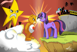 Size: 1280x853 | Tagged: safe, artist:stupidyou3, princess celestia, twilight sparkle, g4, care bears, cloud, crossover, royal guard, stars, war