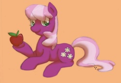 Size: 878x600 | Tagged: safe, artist:radioactive-k, cheerilee, earth pony, pony, g4, apple, female, looking at you, mare, prone, solo