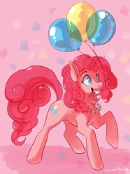 Size: 611x821 | Tagged: safe, artist:caramelbrulee, pinkie pie, earth pony, pony, g4, balloon, female, mouth hold, solo