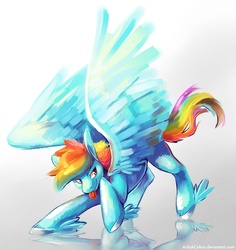 Size: 722x765 | Tagged: safe, artist:caramelbrulee, rainbow dash, pegasus, pony, g4, action pose, female, mare, solo, winged shoes