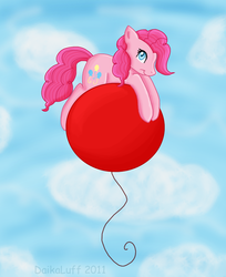 Size: 800x978 | Tagged: safe, artist:daikaluff, pinkie pie, g4, balloon, floating, that pony sure does love balloons, then watch her balloons lift her up to the sky