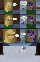 Size: 1177x1793 | Tagged: safe, artist:danleman14, applejack, twilight sparkle, earth pony, pony, unicorn, g4, applejack is not amused, comic, log, parody, pouting, river, the emperor's new groove, tied up, twilight sparkle is not amused, unamused, unicorn twilight, vine, waterfall, wide eyes