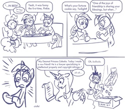 Size: 1124x980 | Tagged: safe, artist:shuffle001, applejack, pinkie pie, princess celestia, princess luna, twilight sparkle, pony, g4, comic, fortune cookie, monochrome