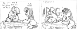 Size: 728x276 | Tagged: safe, artist:elosande, applejack, twilight sparkle, g4, blank flank, book, comic, monochrome, reading