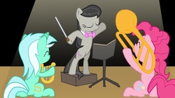 Size: 1000x564 | Tagged: safe, artist:proteusiii, lyra heartstrings, octavia melody, pinkie pie, earth pony, pony, unicorn, g4, conducting, female, lyre, mare, musical instrument, trio, trio female, trombone