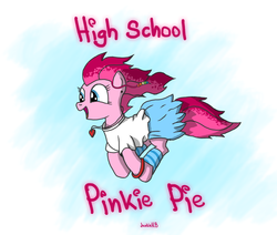 Size: 1926x1633 | Tagged: safe, artist:junkiekb, pinkie pie, earth pony, pony, g4, clothes, female, heart, high school, jewelry, necklace, solo, teenager, windswept mane