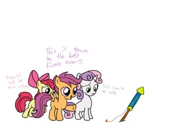 Size: 1600x1200 | Tagged: safe, apple bloom, scootaloo, sweetie belle, earth pony, pegasus, pony, unicorn, g4, 4th of july, cutie mark crusaders, dialogue, fireworks, fuse, simple background, this will end in tears, white background