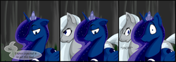 Size: 1280x448 | Tagged: safe, princess luna, oc, oc:stormfront, g4, context in comments, floppy ears, frown, glare, sad, stories from the front, wide eyes