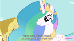 Size: 855x472 | Tagged: safe, edit, edited screencap, screencap, princess celestia, alicorn, pony, g4, caption, female, mare, solo, text, youtube caption