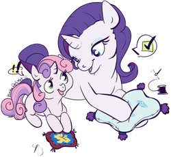 Size: 499x459 | Tagged: safe, artist:clovercoin, rarity, sweetie belle, pony, unicorn, g4, duo, duo female, female, filly, mare, pillow, sisters