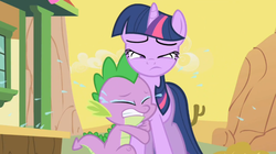 Size: 800x448 | Tagged: safe, screencap, spike, twilight sparkle, dragon, pony, unicorn, g4, over a barrel, season 1, crying, duo, eyes closed, hug, leg hug, mid-blink screencap, unicorn twilight