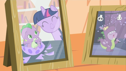 Size: 1280x720 | Tagged: safe, screencap, spike, twilight sparkle, dragon, dragon quest, g4, baby, baby dragon, baby spike, costume, cute, egg, female, filly, filly twilight sparkle, male, open mouth, photo, picture, picture frame, smiling, spikabetes, younger