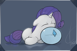 Size: 875x581 | Tagged: safe, artist:valcron, rarity, g4, ball, cute, eyes closed, female, floppy ears, leaning, prone, sleeping, solo