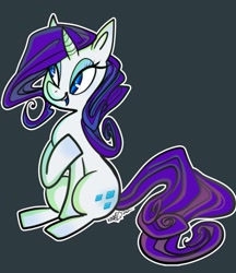 Size: 1107x1280 | Tagged: safe, artist:rfetus, rarity, pony, unicorn, g4, female, gray background, hoof on chest, lidded eyes, looking away, mare, open mouth, outline, simple background, sitting, smiling, solo, three quarter view, white outline