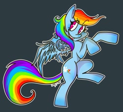 Size: 1280x1169 | Tagged: safe, artist:rfetus, rainbow dash, pegasus, pony, g4, female, gray background, looking at you, looking sideways, mare, open mouth, outline, rearing, simple background, smiling, solo, spread wings, three quarter view, white outline, wings