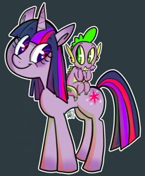 Size: 1057x1280 | Tagged: safe, artist:rfetus, spike, twilight sparkle, pony, unicorn, g4, duo, female, gray background, looking at each other, mare, outline, simple background, sitting on person, sitting on pony, smiling, three quarter view, white outline