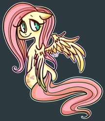 Size: 1107x1280 | Tagged: safe, artist:rfetus, fluttershy, pegasus, pony, g4, female, floppy ears, gray background, looking at you, looking back, looking back at you, looking sideways, mare, outline, simple background, sitting, smiling, solo, spread wings, white outline, wings