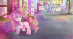 Size: 1100x600 | Tagged: safe, artist:nyanamo, derpy hooves, pinkie pie, pegasus, pony, g4, female, mare