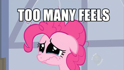 Size: 1366x768 | Tagged: safe, pinkie pie, earth pony, pony, g4, crying, feels, female, floppy ears, mare, meme, reaction image, sad, solo, too many feels