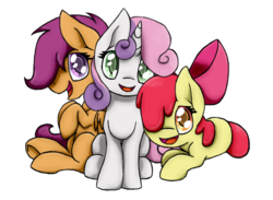 Size: 800x584 | Tagged: safe, artist:soniskbooster, apple bloom, scootaloo, sweetie belle, g4, cutie mark crusaders, female, filly, foal, simple background, transparent background