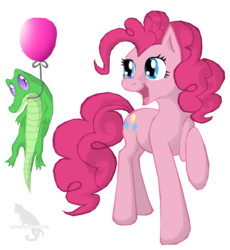 Size: 1376x1496 | Tagged: safe, artist:kocurzyca, gummy, pinkie pie, earth pony, pony, g4, balloon, female, gummy doesn't give a fuck, mare, simple background, transparent background