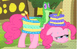 Size: 445x284 | Tagged: safe, screencap, gummy, pinkie pie, earth pony, pony, g4, party of one, animated, dancing, female, gummy doesn't give a fuck, riding, singing, tired