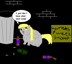 Size: 702x621 | Tagged: safe, artist:ponyflea, derpy hooves, fluffy pony, pegasus, pony, g4, 1000 hours in ms paint, beer, cigarette, female, fluffy pony original art, fluffyderpy, homeless, i just don't know what went wrong, mare, vomit