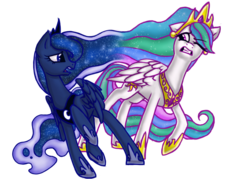 Size: 1400x1000 | Tagged: dead source, safe, artist:madelonetjj, princess celestia, princess luna, alicorn, pony, g4, celestia's crown, crown, duo, ethereal mane, female, intertwined manes, jewelry, luna's crown, mare, regalia, royal sisters, siblings, simple background, sisters, sparkly mane, sparkly tail, starry mane, starry tail, transparent background, wince