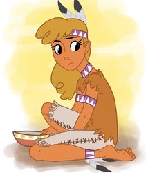 Size: 1200x1400 | Tagged: safe, artist:thelivingmachine02, little strongheart, human, g4, adoraheart, anklet, barefoot, bowl, clothes, cute, dark skin, feather, feet, female, headband, humanized, native american, solo
