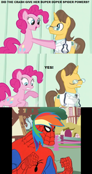 Size: 546x1038 | Tagged: safe, doctor horse, doctor stable, pinkie pie, rainbow dash, earth pony, pony, unicorn, g4, 60s spider-man, doctor, female, male, mare, meme, spider-man, stallion