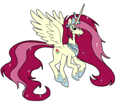 Size: 900x756 | Tagged: artist needed, safe, roseluck, alicorn, pony, g4, alicornified, crown, female, flying, hilarious in hindsight, jewelry, mare, peytral, princess, race swap, regalia, rosecorn, simple background, solo, transparent background