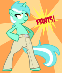 Size: 1014x1187 | Tagged: safe, artist:egophiliac, lyra heartstrings, pony, unicorn, semi-anthro, g4, artifact, bipedal, brony history, clothes, colored pupils, derp, exclamation point, female, glare, hand on hip, lidded eyes, lyra doing lyra things, mare, pants, partial nudity, smiling, smirk, smug, solo, sunburst background, text, topless, wat