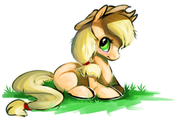 Size: 835x568 | Tagged: safe, artist:starloo, applejack, earth pony, pony, g4, female, grass, lying down, solo