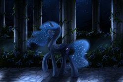 Size: 1250x830 | Tagged: safe, artist:aurarrius, princess luna, alicorn, pony, g4, canterlot, female, garden, mare, night, solo