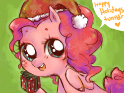 Size: 400x300 | Tagged: safe, artist:pasuteru-usagi, pinkie pie, earth pony, pony, g4, bust, christmas, dialogue, female, hat, holiday, looking at you, mare, open mouth, present, raised hoof, santa hat, smiling, solo, speech bubble