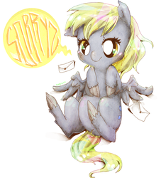 Size: 746x822 | Tagged: safe, artist:pasuteru-usagi, derpy hooves, pegasus, pony, g4, colored hooves, dialogue, female, hooves to the chest, looking at you, mare, on back, solo, sorry, speech bubble, spread wings, wavy mouth, wings