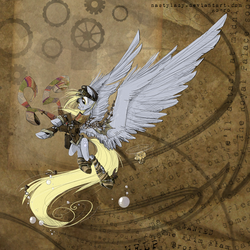 Size: 1531x1529 | Tagged: safe, artist:nastylady, derpy hooves, pegasus, pony, g4, abstract background, bubble, clothes, epic derpy, female, goggles, large wings, mare, muffin, scarf, smiling, solo, steampunk, wings