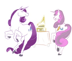 Size: 950x800 | Tagged: safe, artist:biscuits, rarity, sweetie belle, horse, g4, dancing, gramophone, older, older sweetie belle, realistic, record player