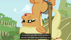 Size: 639x359 | Tagged: safe, edit, edited screencap, screencap, applejack, earth pony, pony, applebuck season, g4, caption, female, frown, gay fatty, mare, open mouth, solo, text, tired, upside down, youtube caption