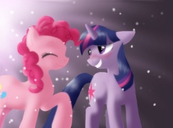 Size: 1072x794 | Tagged: safe, artist:cat4lyst, pinkie pie, twilight sparkle, g4, blushing, eyes closed, female, floppy ears, lesbian, looking at each other, looking at someone, particles, raised hoof, ship:twinkie, shipping, smiling, smiling at each other, walking