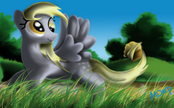 Size: 1680x1050 | Tagged: safe, artist:mderp, derpy hooves, pegasus, pony, g4, female, mare, muffin, prehensile tail, solo, tail hold