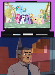 Size: 908x1228 | Tagged: safe, applejack, fluttershy, pinkie pie, rainbow dash, rarity, twilight sparkle, human, pony, g4, 60s spider-man, exploitable meme, j. jonah jameson, male, mane six, meme, spider-man, television, tv meme