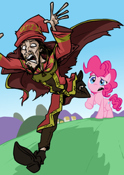 Size: 800x1125 | Tagged: safe, artist:ian samson, pinkie pie, earth pony, human, pony, g4, blue eyes, crossover, discworld, duo, female, male, mare, pink body, pink coat, pink fur, pink hair, pink mane, pink pony, pink tail, rincewind, running, running away, tail, wizard